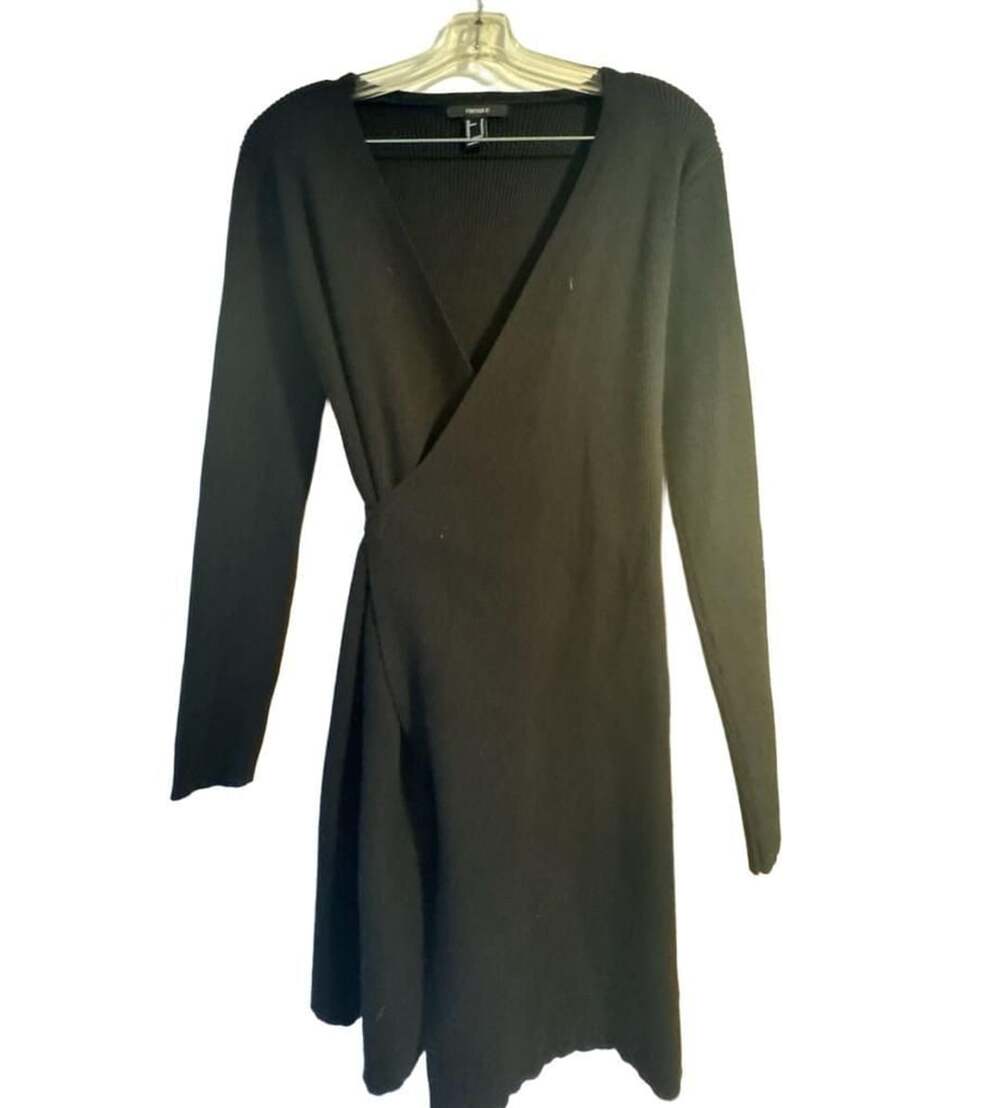 Forever 21 Black Ribbed Knit Long Sleeve Sweater Wrap Mini Dress Medium